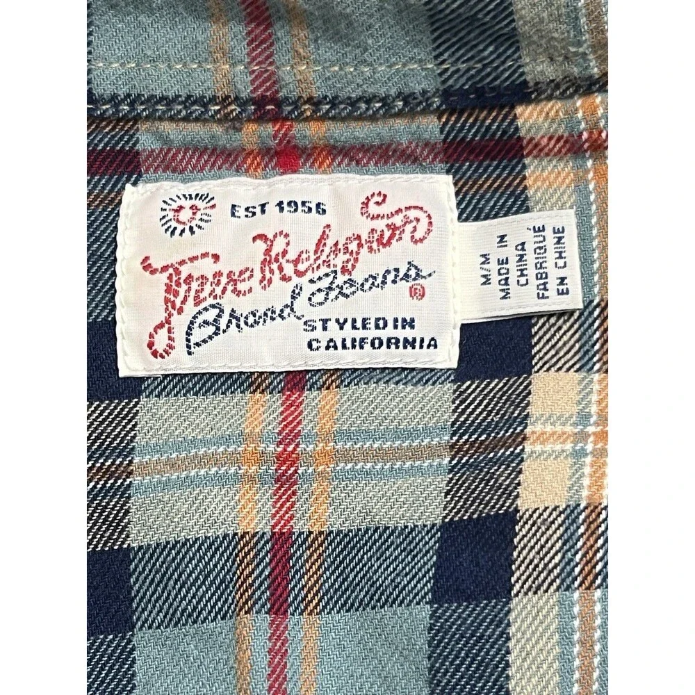 True Religion Men's Pearl Snap Flannel Shirt Plaid Med Western Wear Cotton